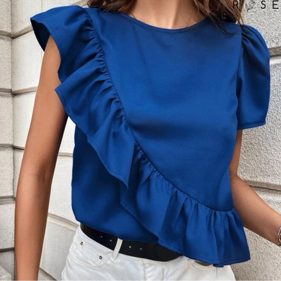 NWOT Blue Ruffle Blouse - Picture 2 of 5